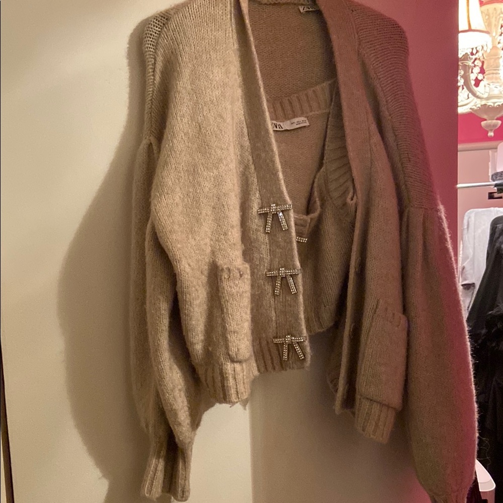 Zara Tan Cardigan Sweater with V-Neck Design